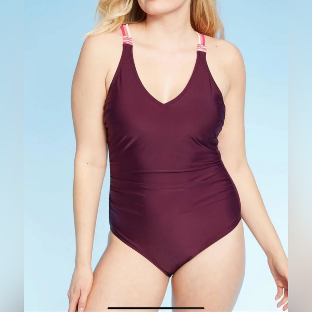 Kona Sol Macrame Straps High Coverage One Piece Swimsuit Burgundy Purple